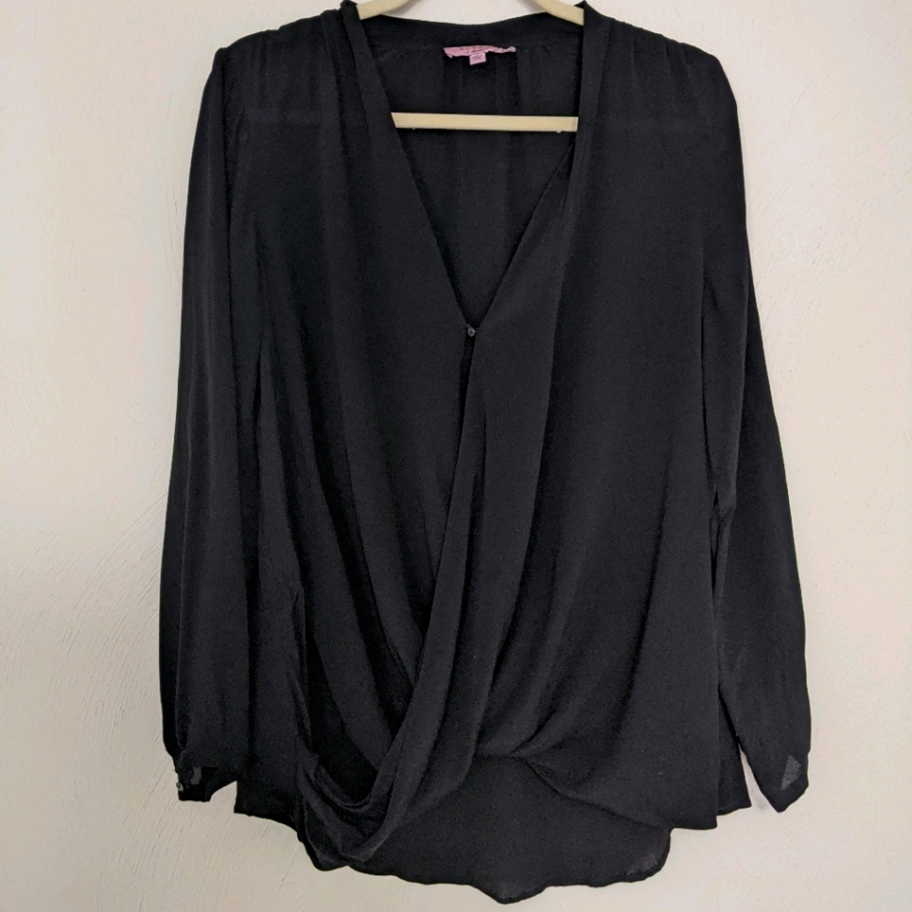 Black Silk Long Sleeve Calypso St Barth Wrap Front Blouse